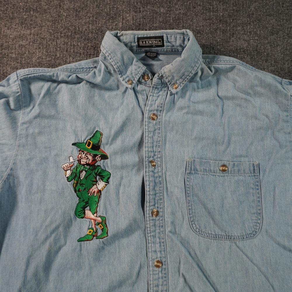 L.A. Loving Denim Shirt Mens L Light Blue Embroidered Leprechaun St Patricks Day